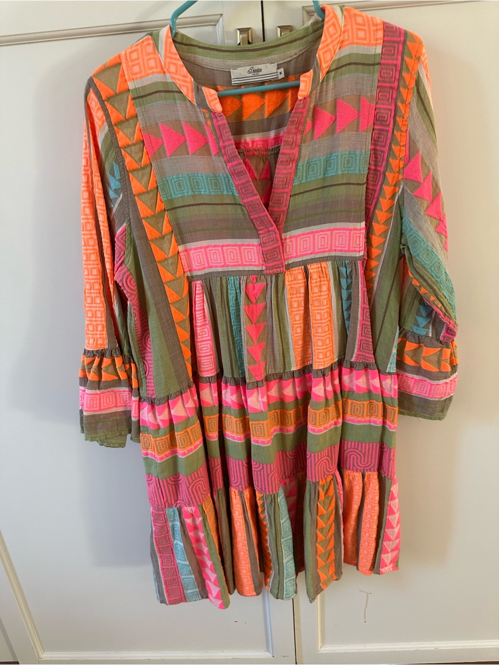 AnthropologieTiered V-Neck Dress in Olive with Pink & Orange Accents